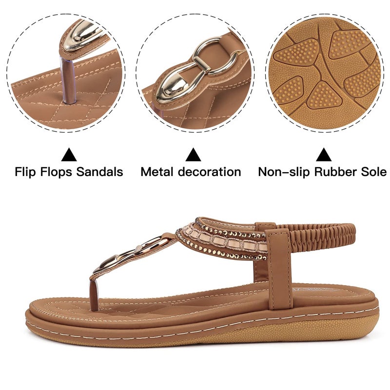 SHIBEVER Dressy Sandals for Women Comfortable: Summer Size 9 Ladies T Strap Flat - Comfort Bohemian Apricot Stylish Women Sandal - Image 4